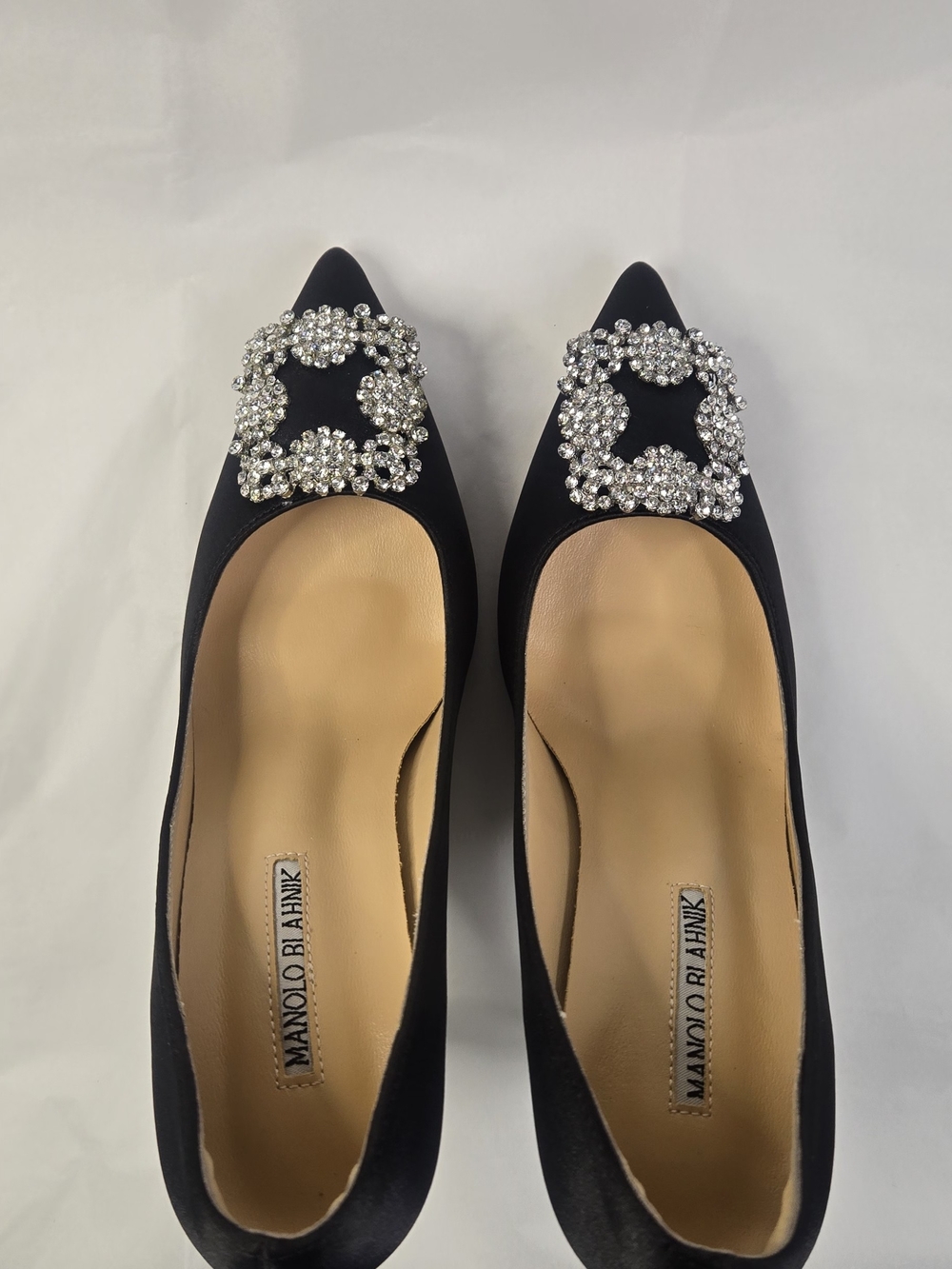 Black Satin Pointed Crystal Buckle Heels